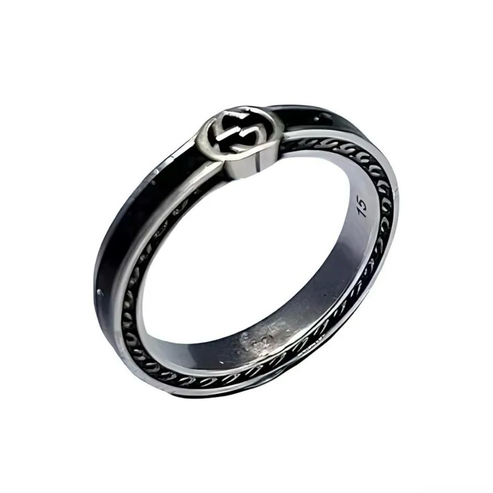 Gucci Interlocking G Enamel Thin Ring Black Ag925 701620